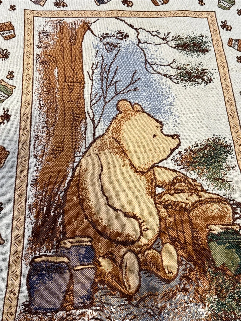 Disney Winnie the Pooh Beige, Brown, Green Tapestry Throw 3.25 x 4.25
